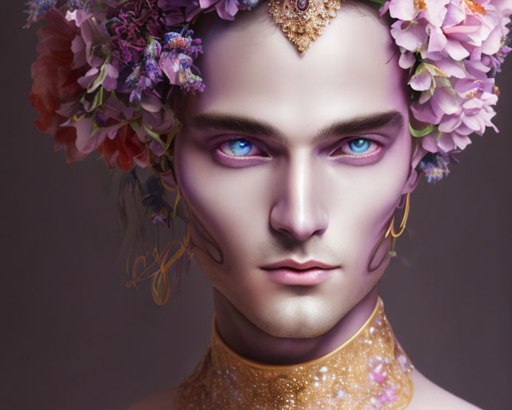 Portrait of Person with Vibrant Purple Eyes and Floral Crown
