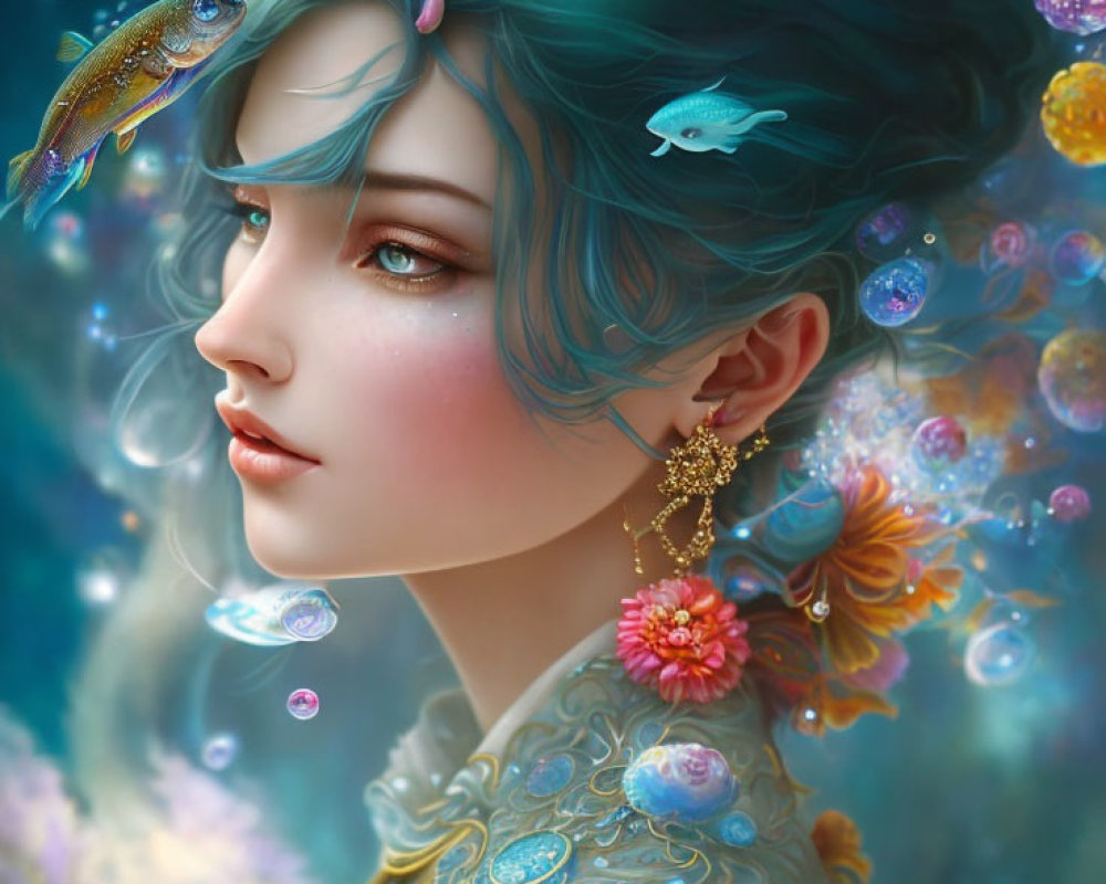 Teal-haired woman in ornate jewelry amidst underwater scene