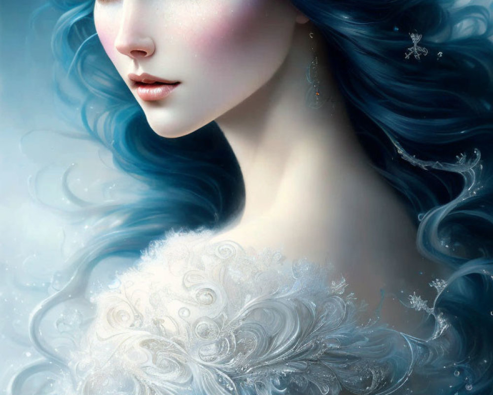 Ethereal woman with blue hair in white gown and floral jewelry