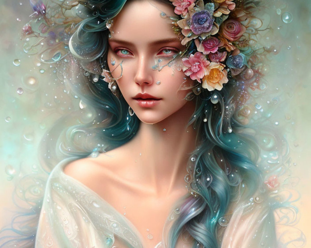 Digital Art Portrait of Woman with Blue and Purple Hair and Floral Headpiece under Water Droplets