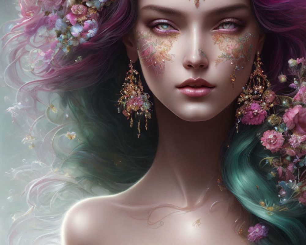 Fantasy portrait of female with purple and teal hair and floral headdress
