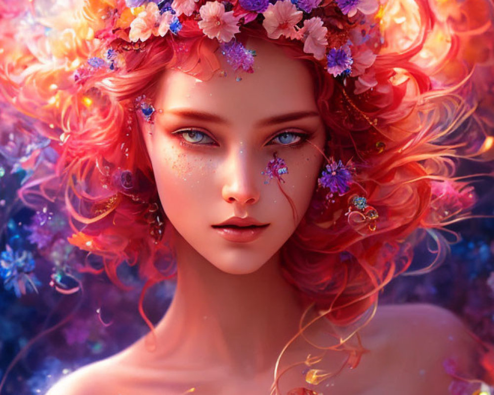 Portrait of woman with red curly hair and floral crown in digital art