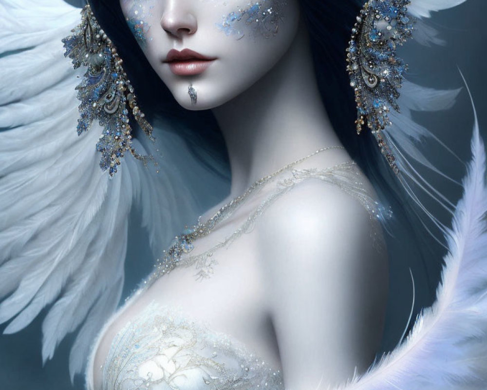 Fantasy illustration of a woman with blue skin and wings.