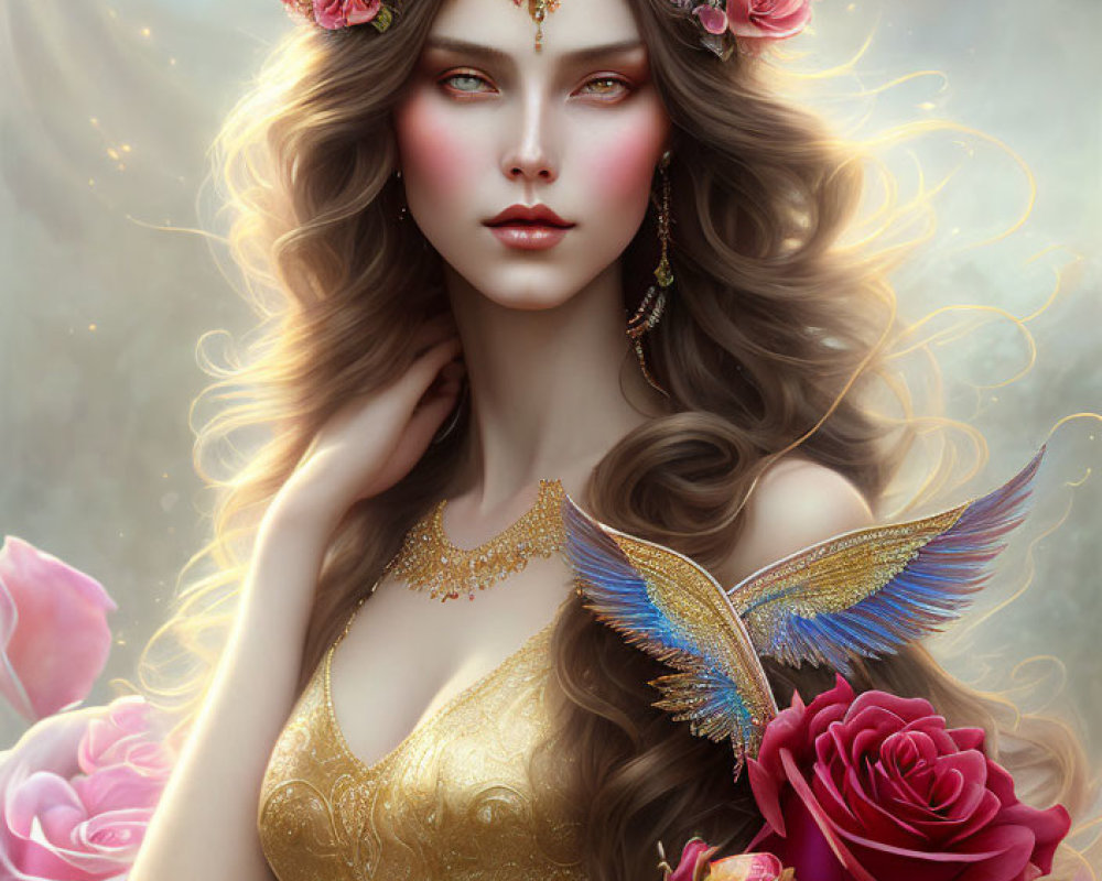Ethereal woman with floral crown and winged creature in rose backdrop