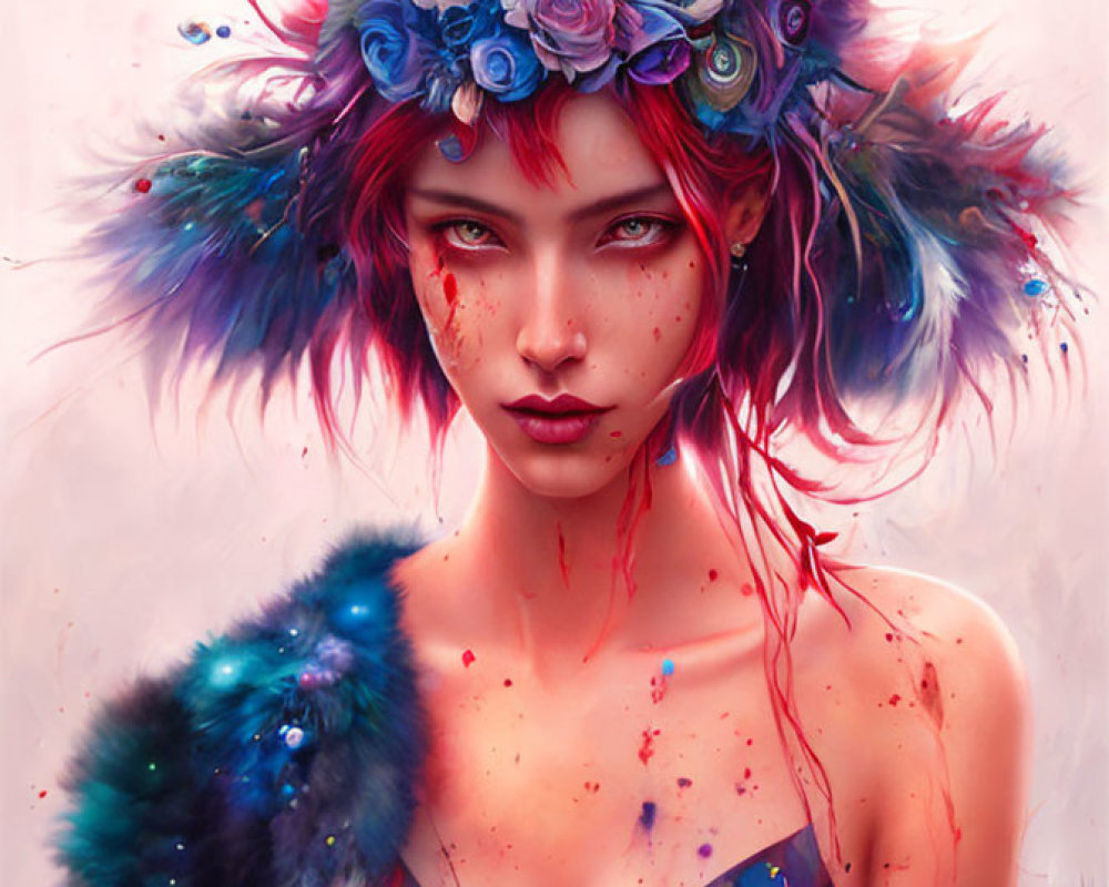 Colorful digital artwork of a person with red hair and mystical headdress