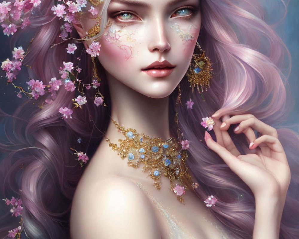 Illustration of woman with violet hair, pink blossoms, and gold jewelry