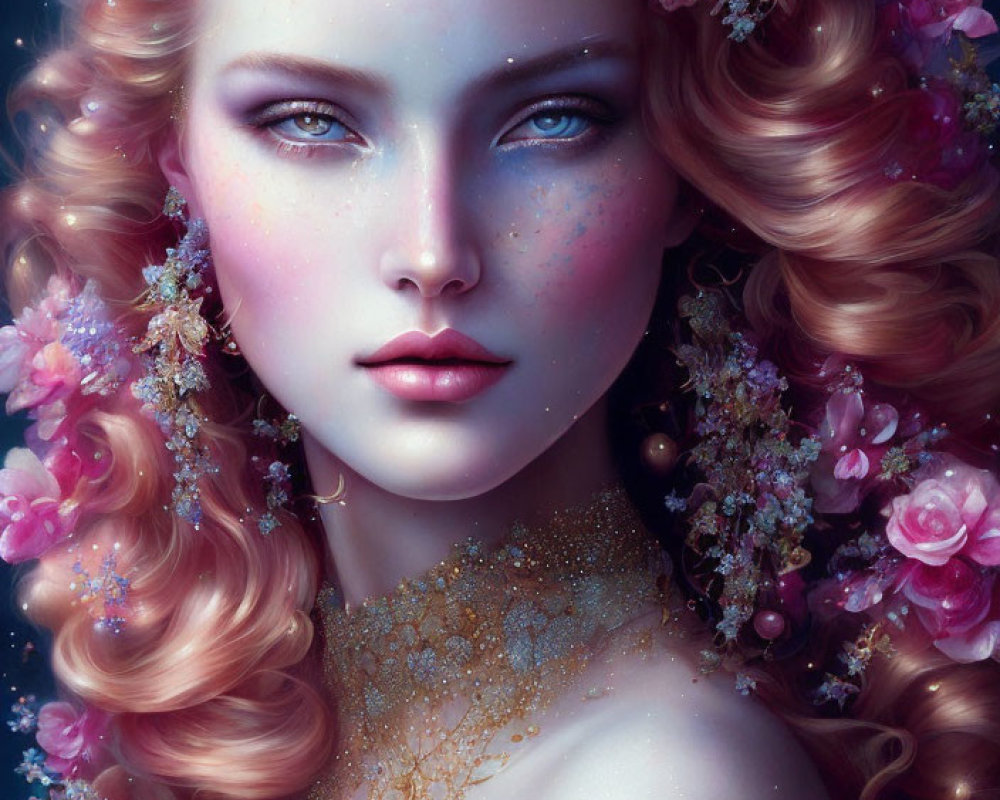 Fantasy portrait of woman with auburn hair, pink flowers, blue eyes, and floral body