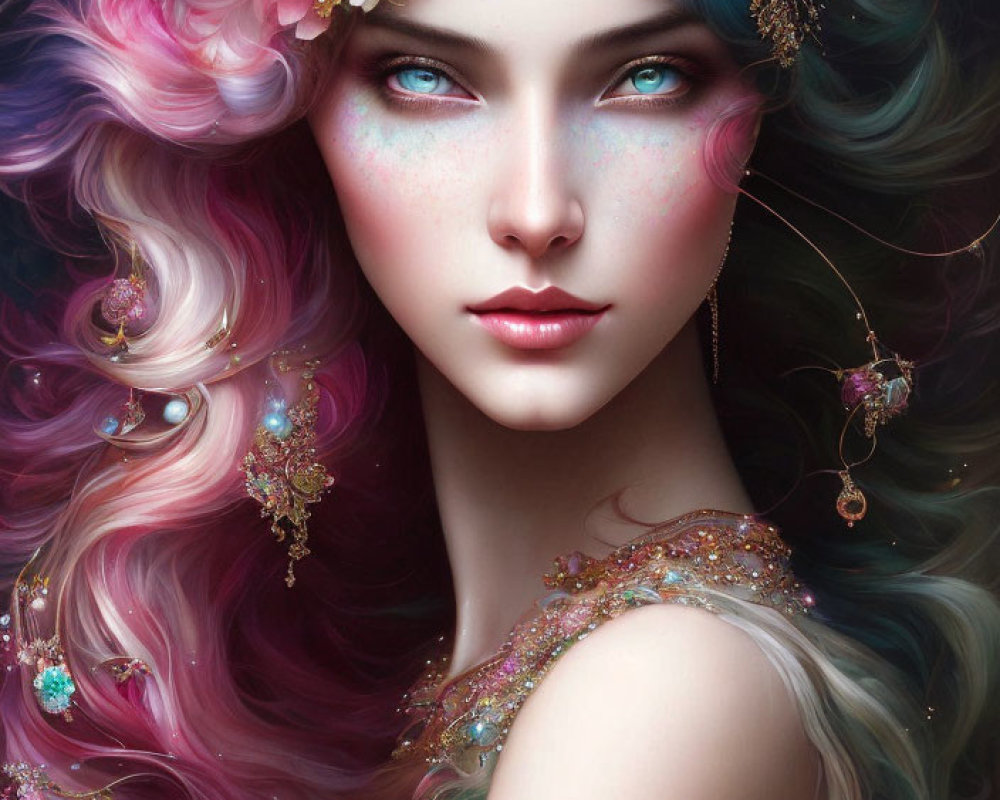 Fantastical female portrait with multicolored hair and blue eyes