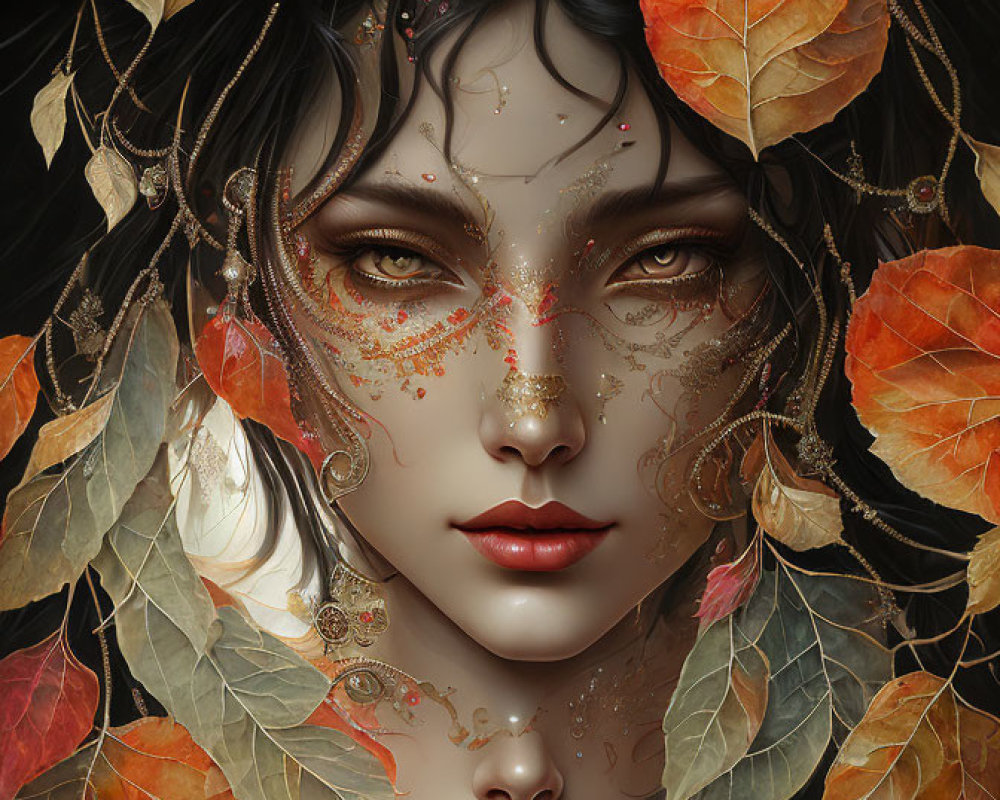 Illustration: Woman with autumn leaves, gold hair adornments, red lips, and green eyes