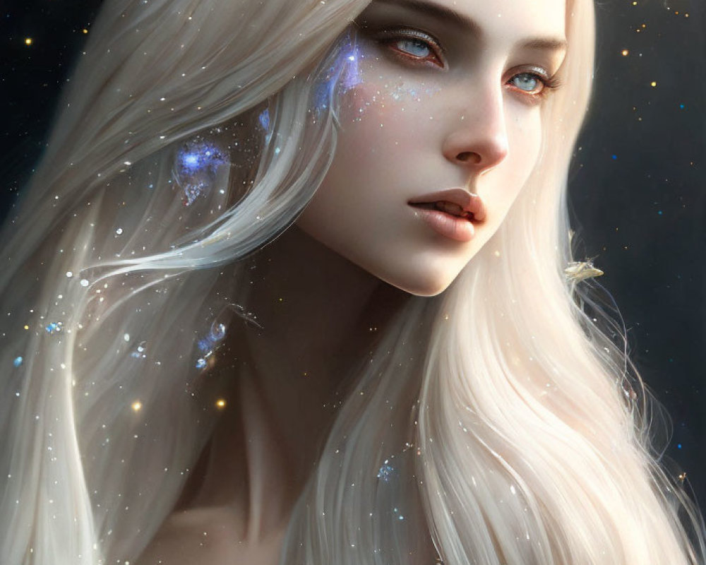 Woman with Long White Hair and Galaxy Makeup Portrait