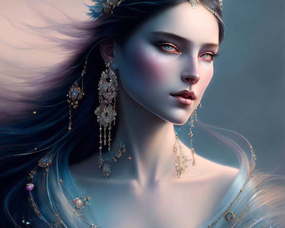Regal Figure with Blue Hair and Crystal Crown in Luxurious Gown