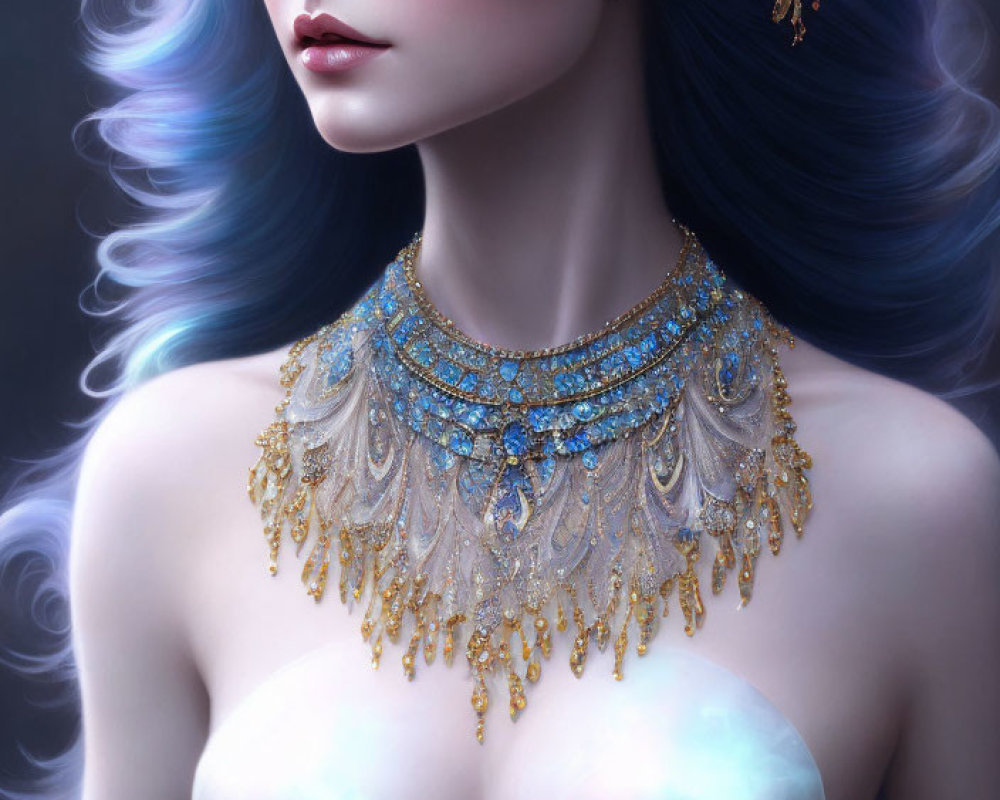 Fantastical Female Figure with Blue Hair and Elaborate Golden Jewelry