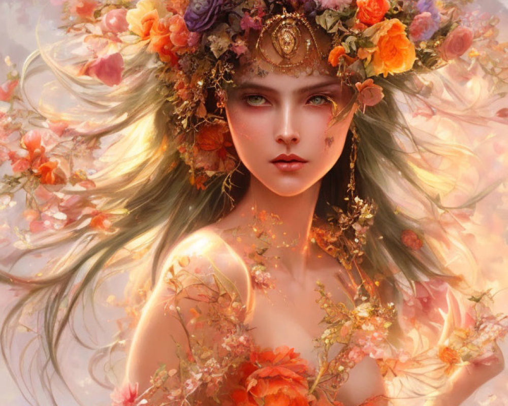 Vibrant floral crown and gold jewelry adorn woman's portrait