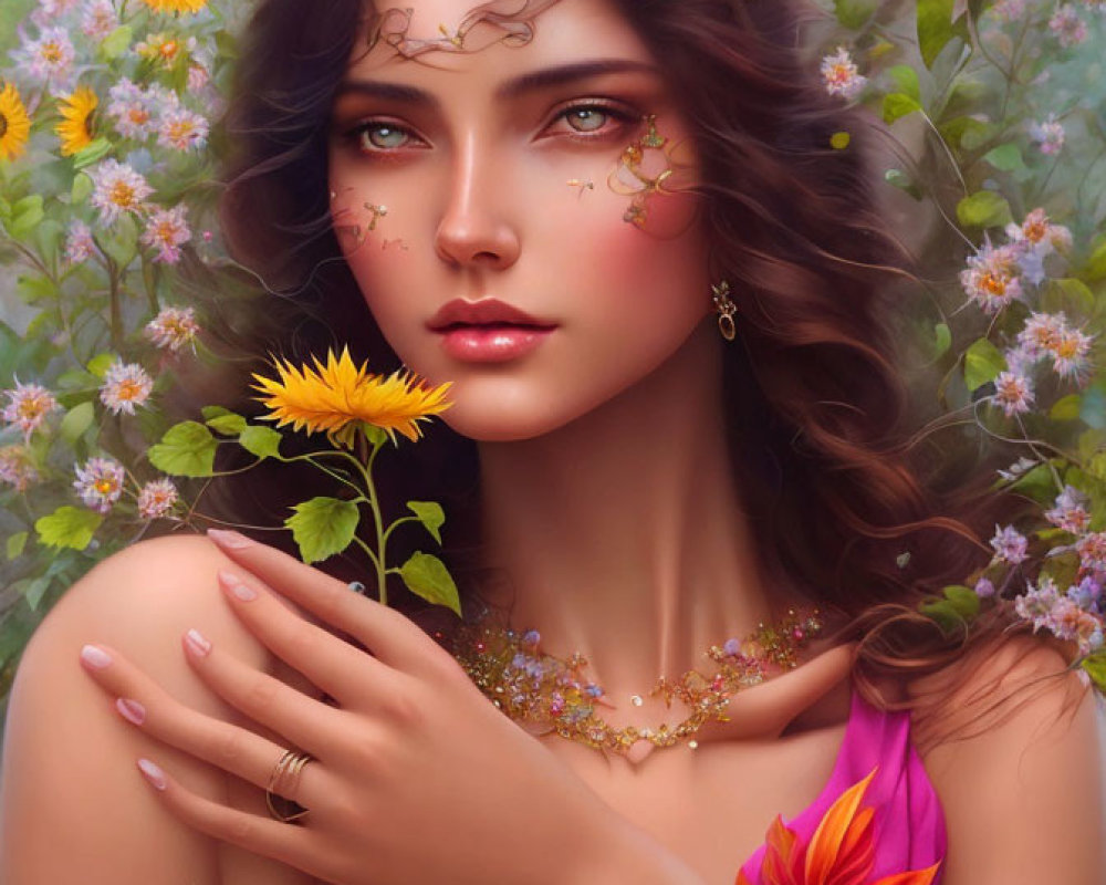 Digital artwork of woman with wavy hair, surrounded by flowers and holding a sunflower