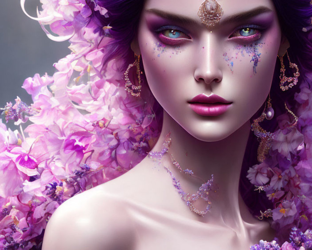 Digital artwork of woman with violet hair, green eyes, gold jewelry, mystical aura
