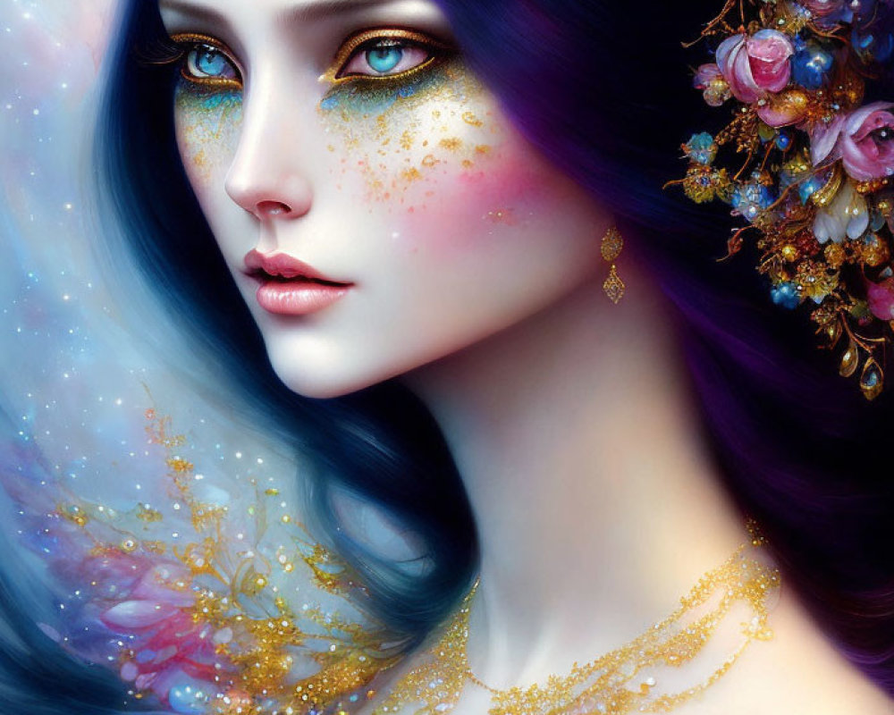 Fantasy illustration of woman with violet hair, gold headpiece, and butterfly wings