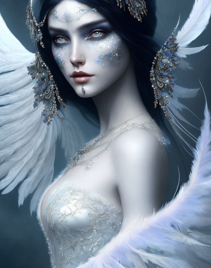 Fantasy illustration of a woman with blue skin and wings.