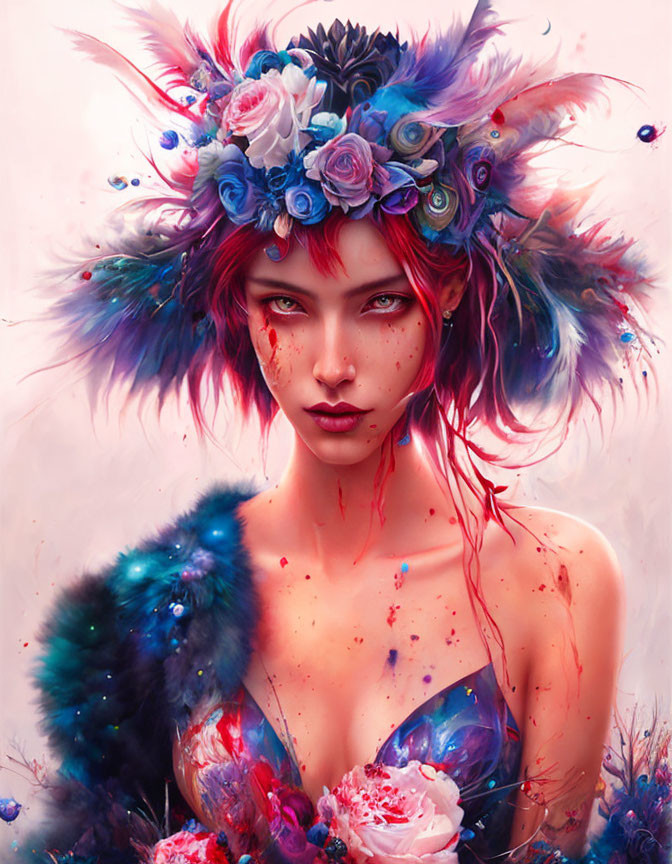 Colorful digital artwork of a person with red hair and mystical headdress