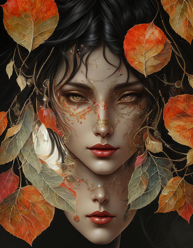 Illustration: Woman with autumn leaves, gold hair adornments, red lips, and green eyes