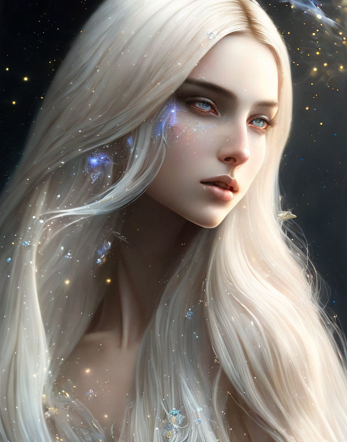 Woman with Long White Hair and Galaxy Makeup Portrait