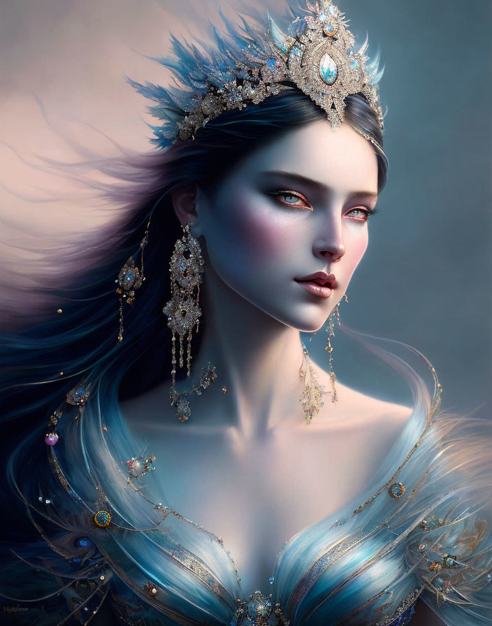 Regal Figure with Blue Hair and Crystal Crown in Luxurious Gown