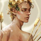 Mythical male figure portrait with golden laurel wreath and wheat stalks
