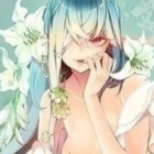 Pastel Blue Hair Person Surrounded by White and Pink Blooming Flowers