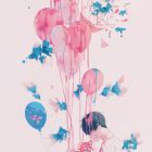Child admires colorful heart and round balloons with ribbons and paint splashes