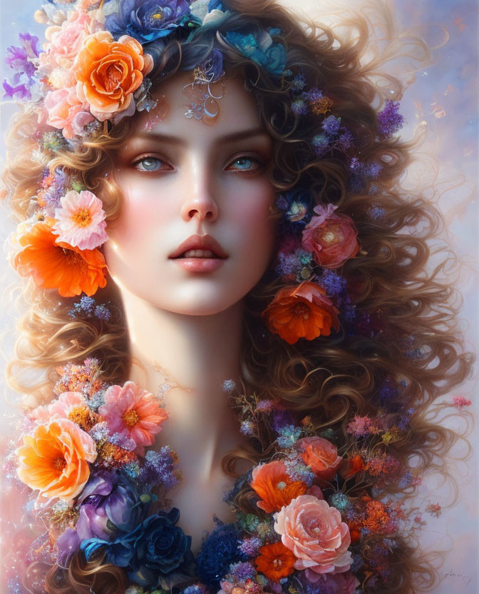 Colorful Flower Adorned Woman Portrait with Wavy Hair