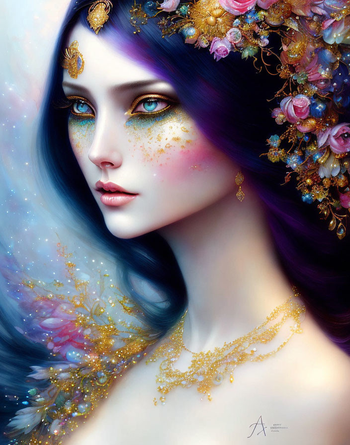 Fantasy illustration of woman with violet hair, gold headpiece, and butterfly wings