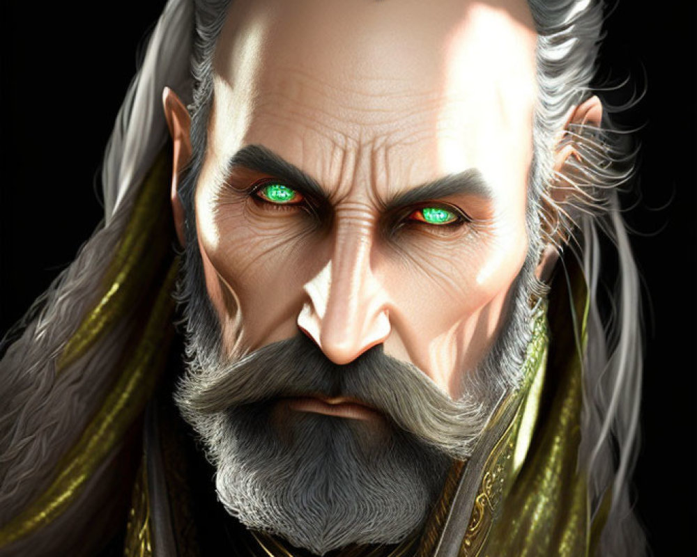 Elderly Fantasy Character with Green Eyes and Grey Beard