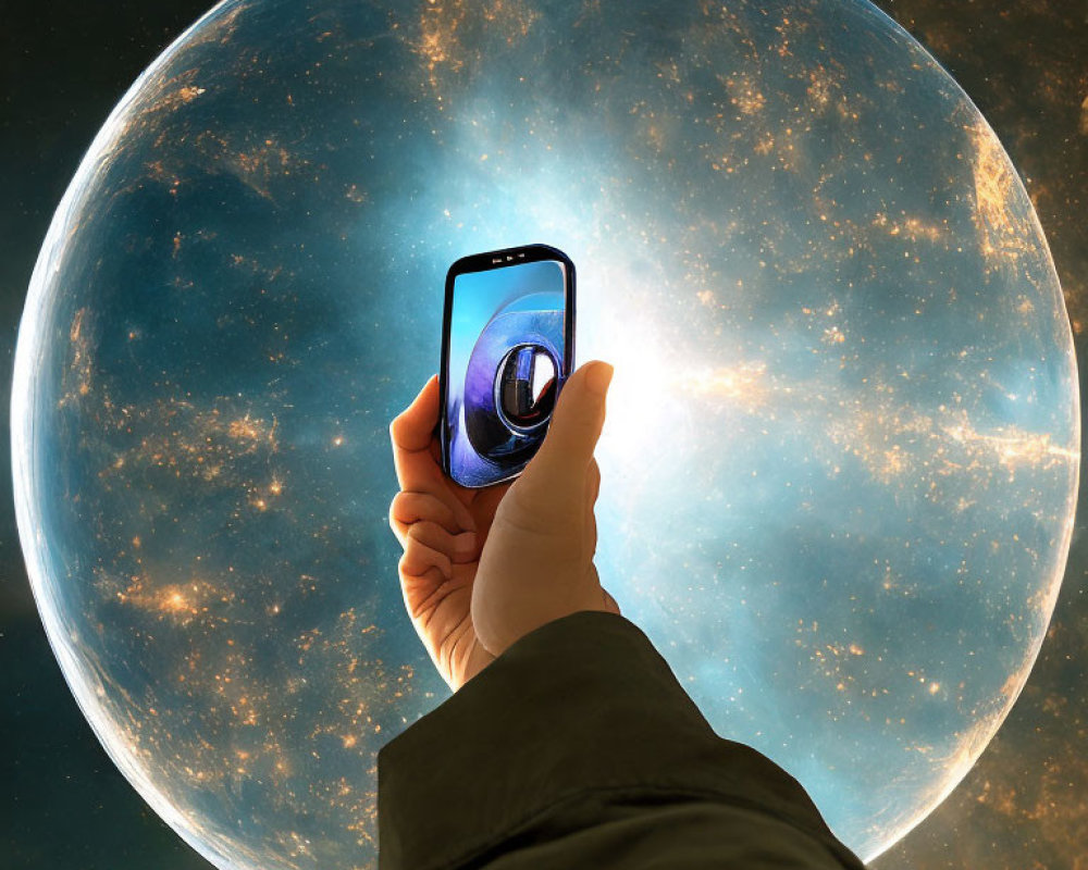 Smartphone capturing celestial body illusion in sky
