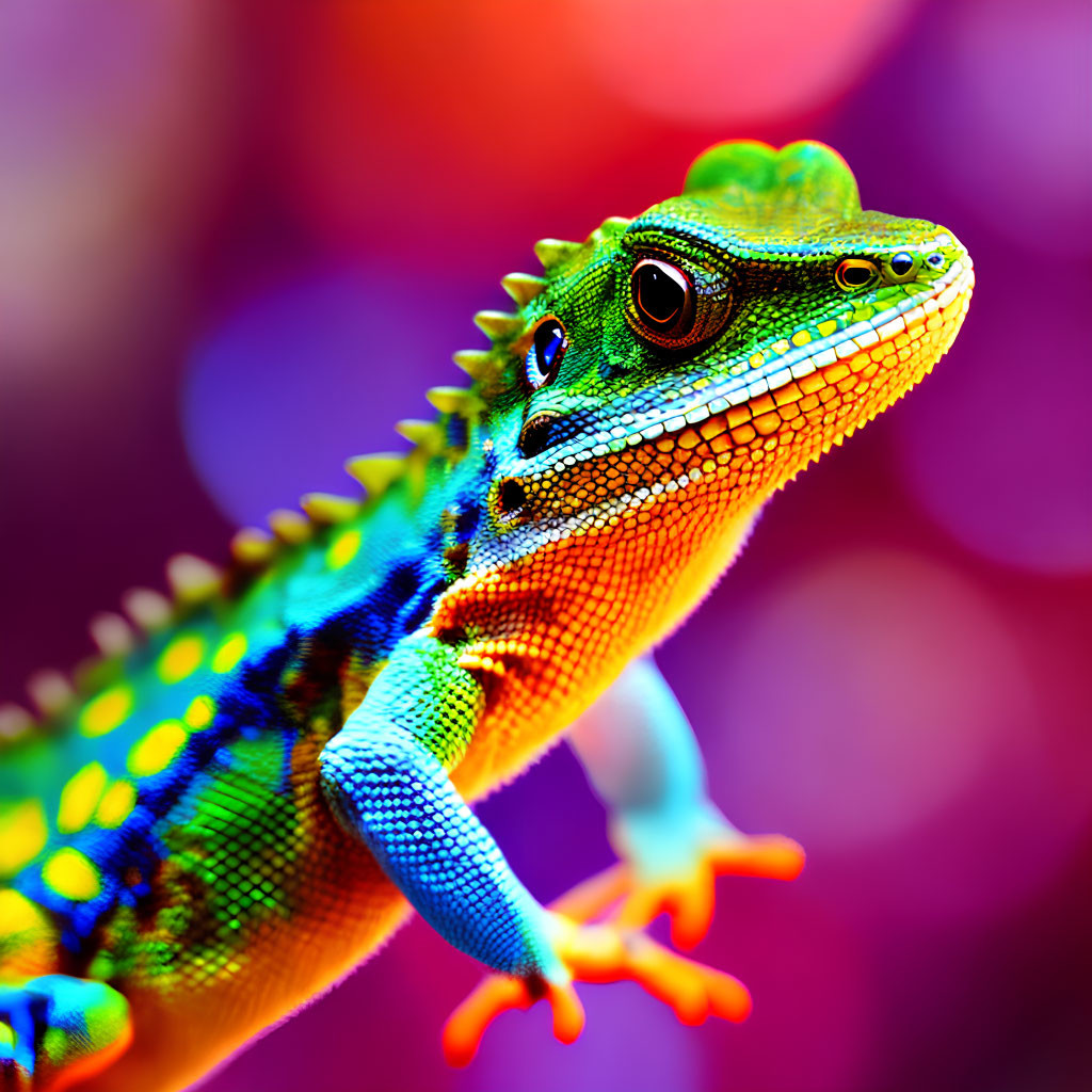 Colorful Lizard with Green, Blue, and Orange Scales on Multicolored Background