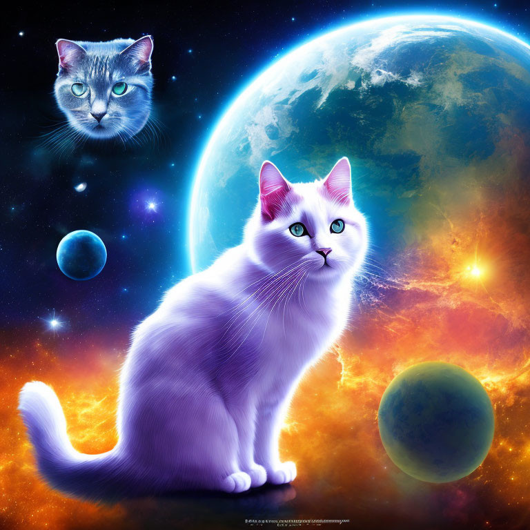White Cat Digital Artwork with Cosmic Background and Planets