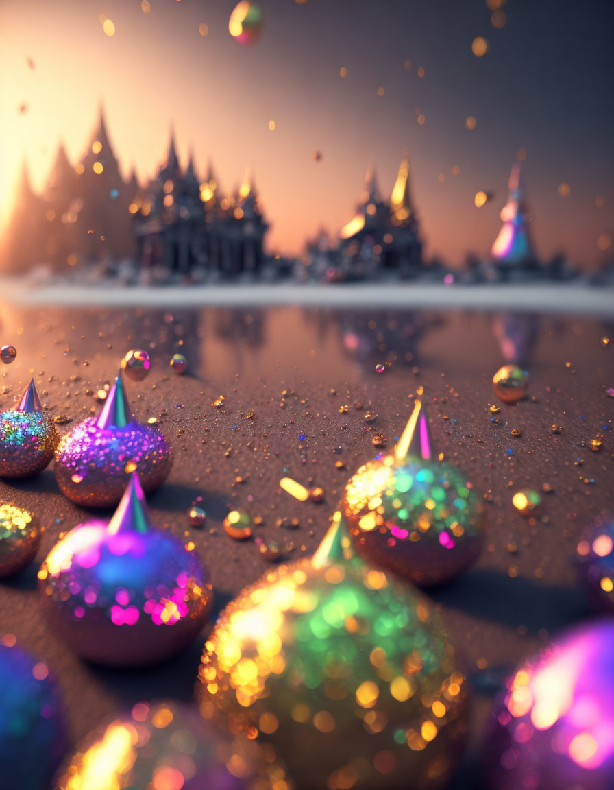 Vibrant spinning tops on reflective surface with whimsical castle and trees