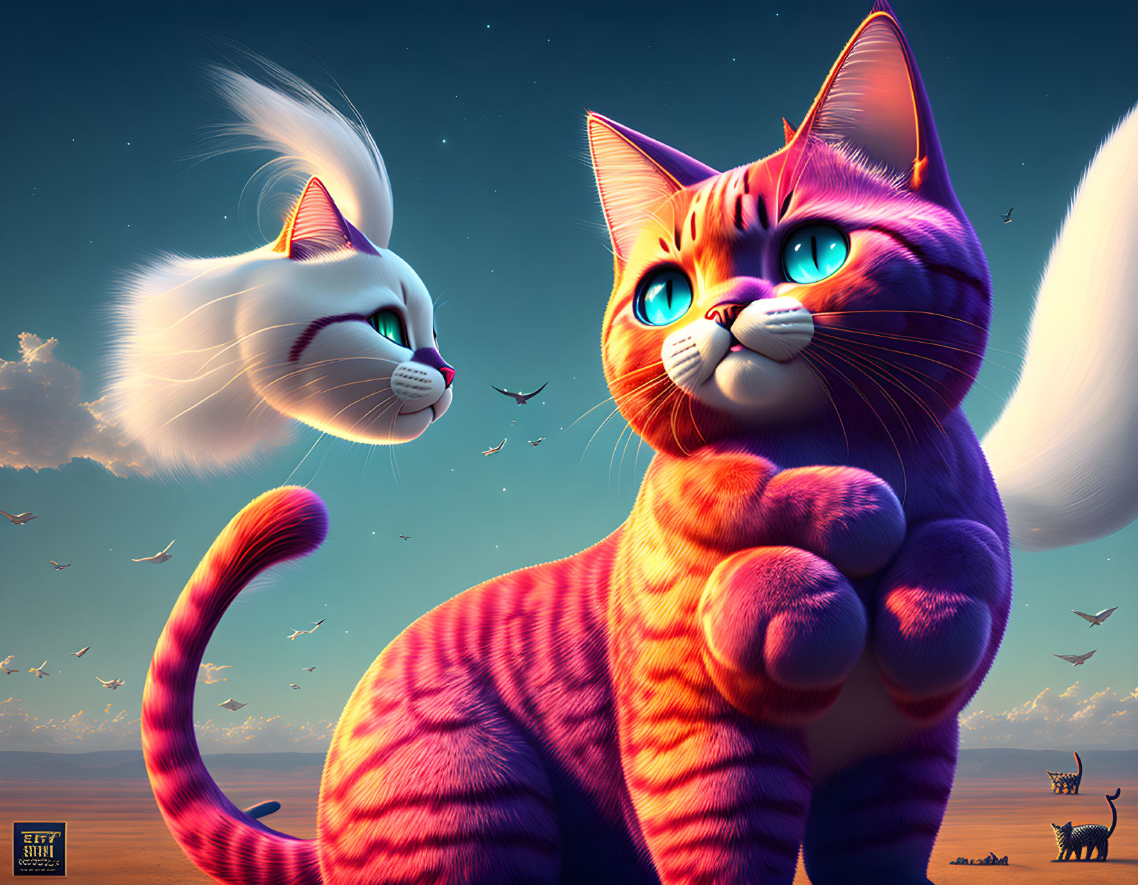 Stylized cats with blue eyes against sunset sky