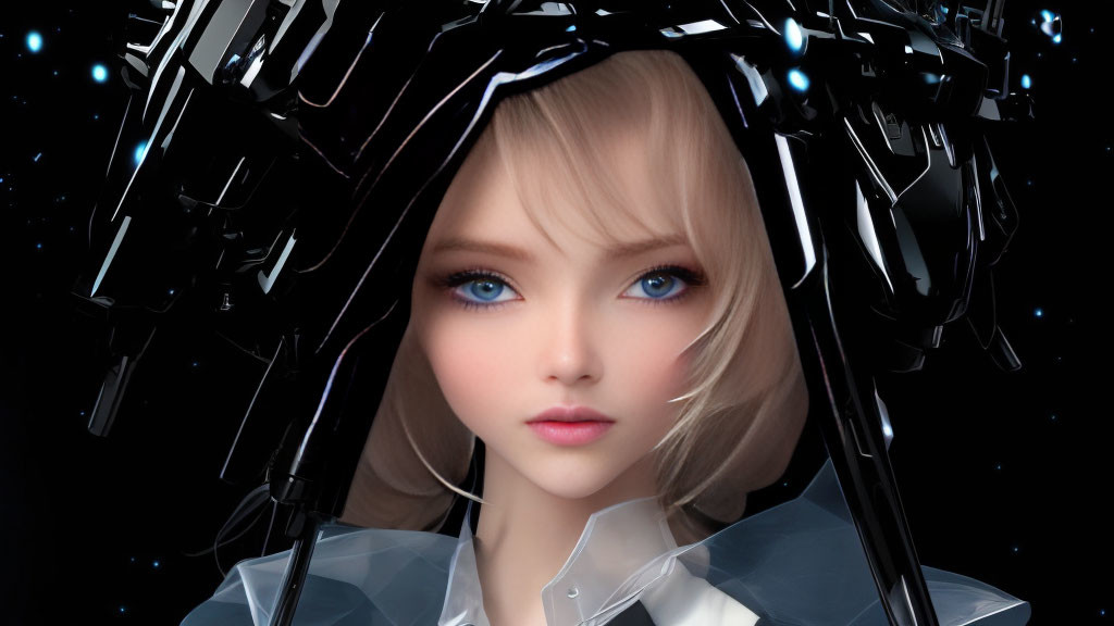 Digital artwork: Female with blue eyes, pale skin, black crown-like accents