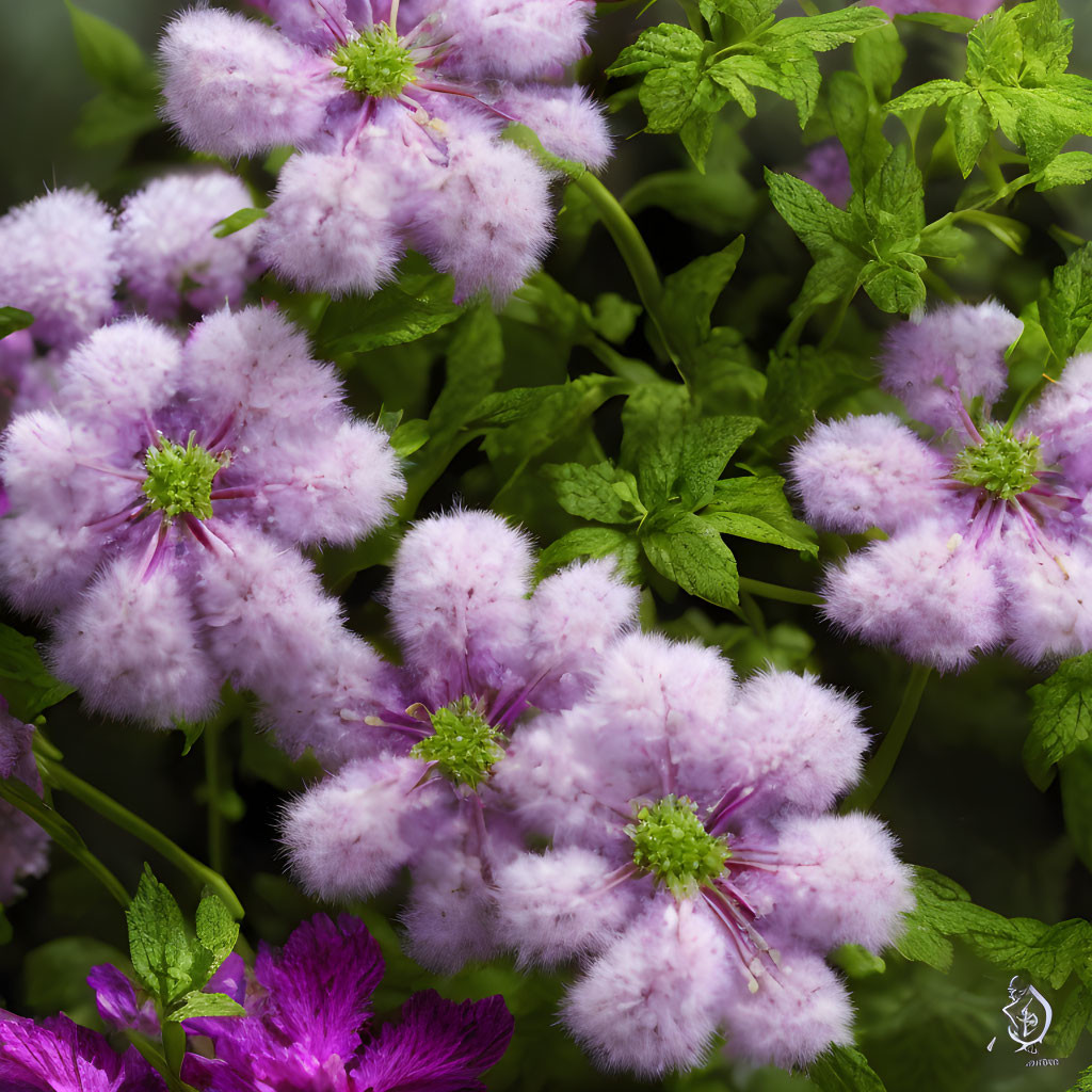 Purple Fluffy Flowers with Green Leaves Background