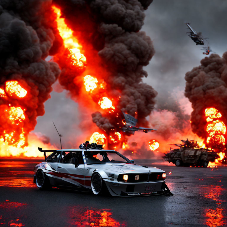Modified sports car amidst explosions and military vehicles on road
