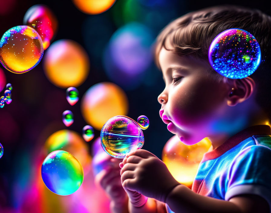Child captivated by colorful iridescent soap bubbles