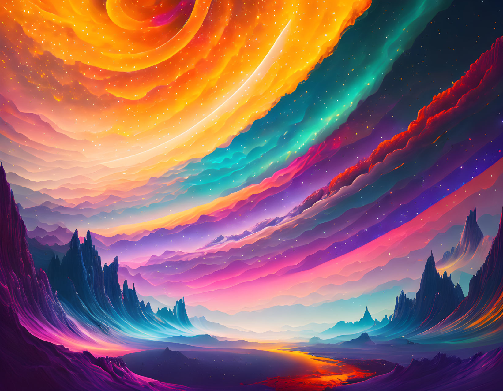 Colorful digital artwork: Otherworldly landscape with orange skies, cosmic mountains.