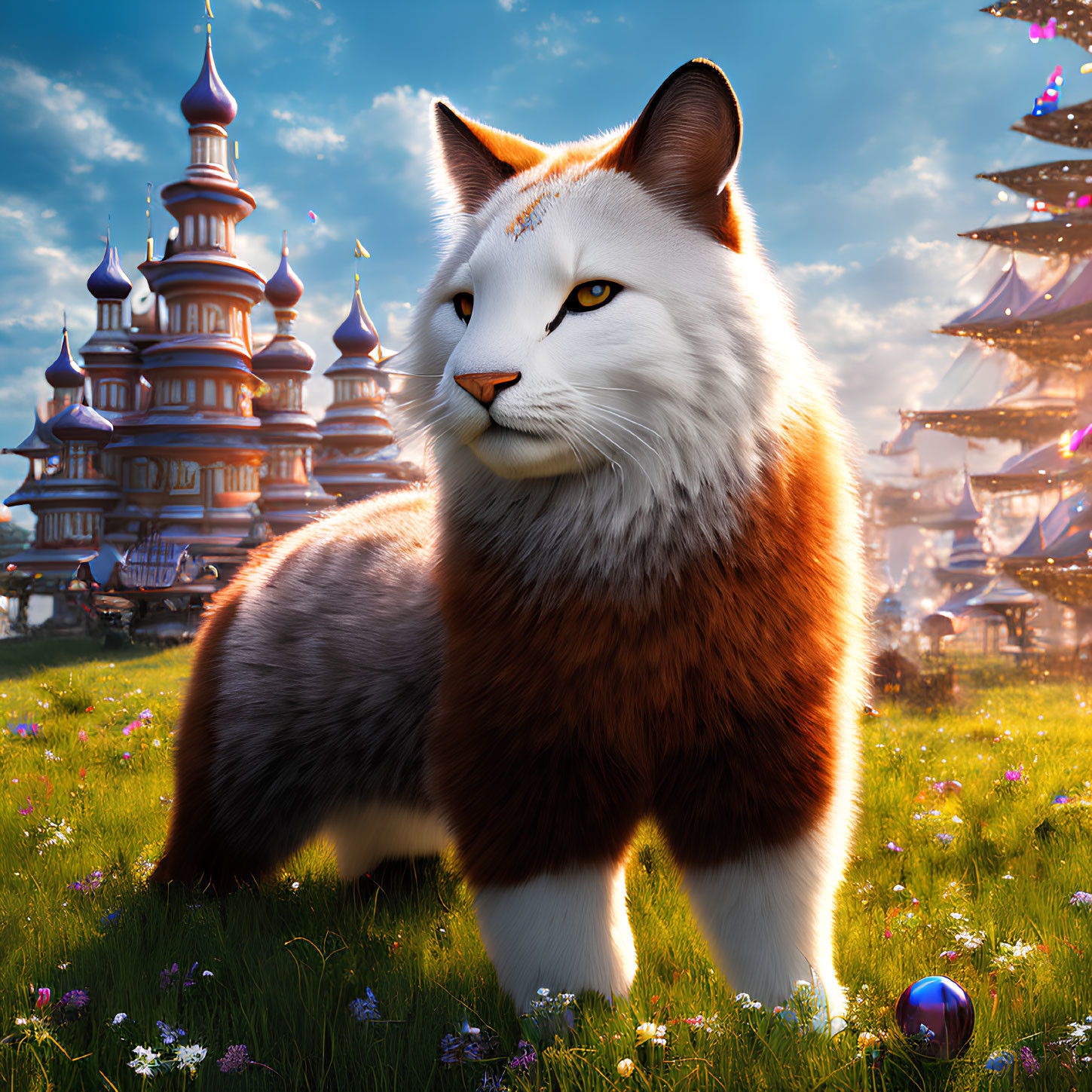 Fluffy white and ginger cat in fantastical field with towers under blue sky