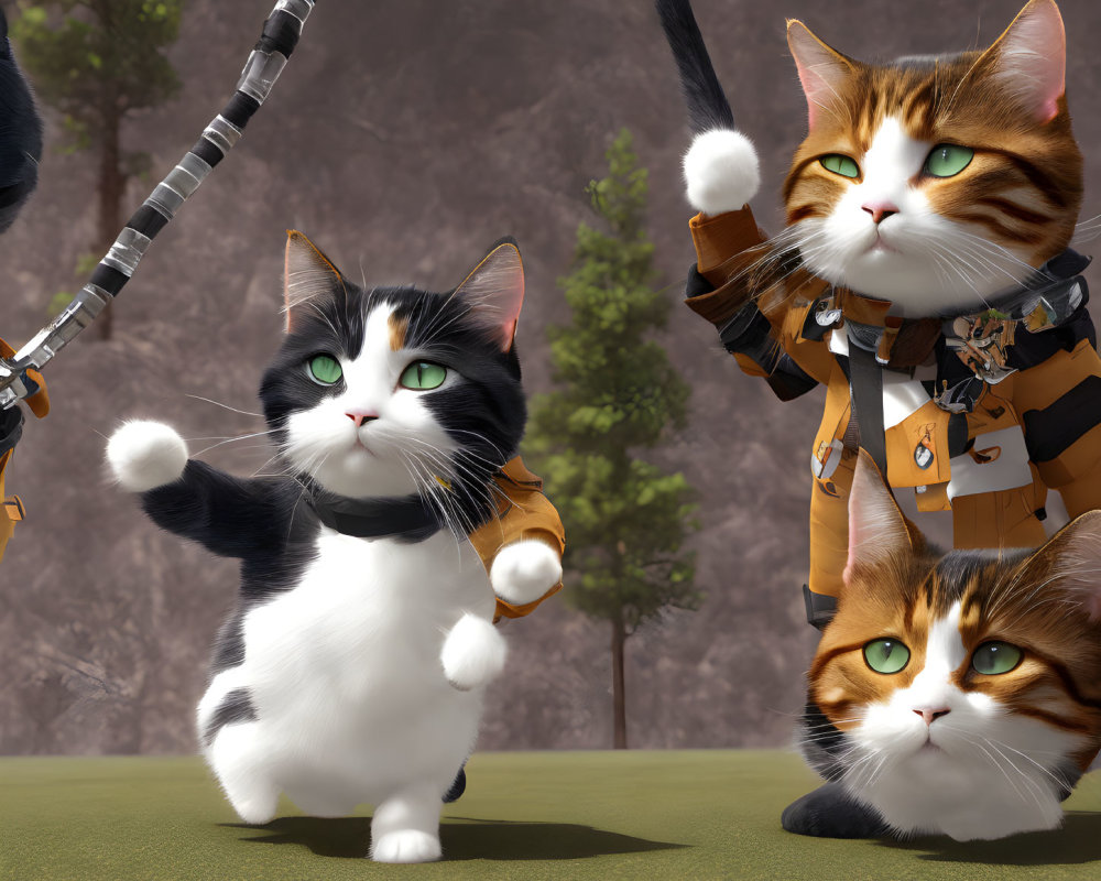 Four animated warrior cats in armor and weapons pose outdoors