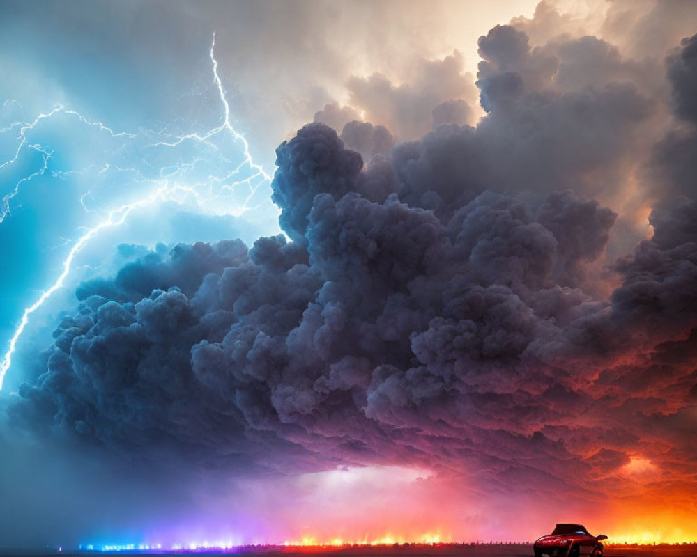Parked car under dramatic stormy sky with lightning strike