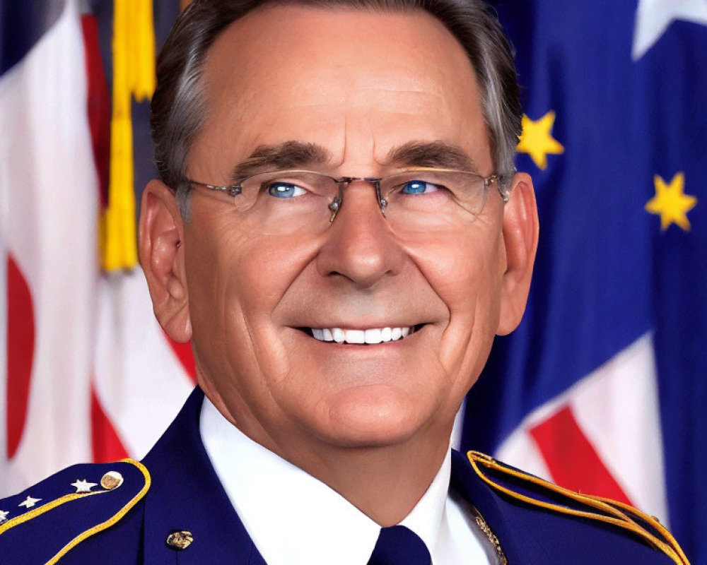 Smiling man in military uniform with gray hair and glasses against flag backdrop