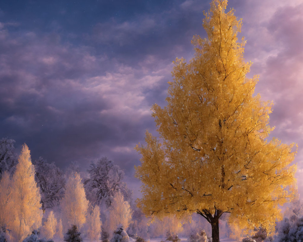 Golden Tree in Frost-Covered Forest at Twilight