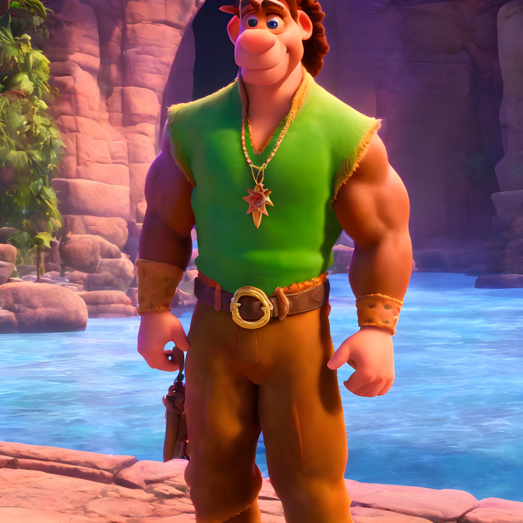 Muscular animated character in green vest by river