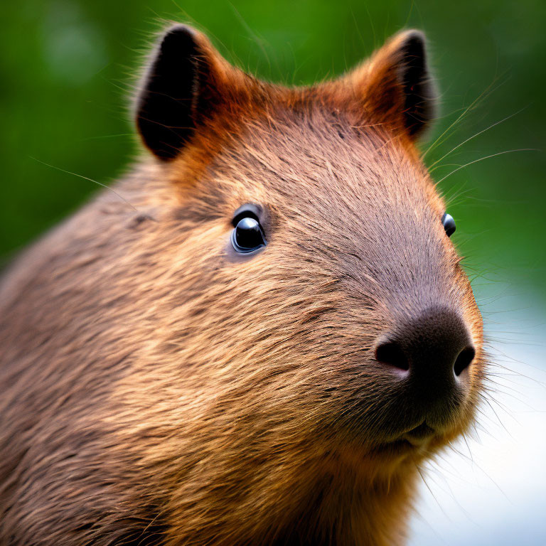 Detailed Capybara Face with Shining Eyes and Green Foliage Background