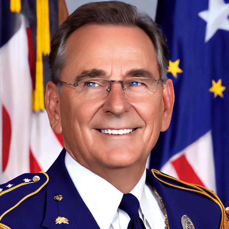 Smiling man in military uniform with gray hair and glasses against flag backdrop