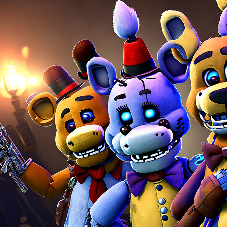 Three animatronic characters: bear, rabbit, and chicken with glowing eyes
